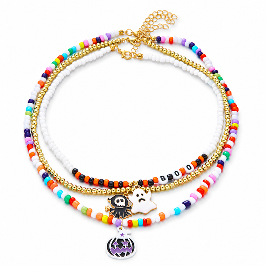 BOO Layered Halloween Necklace, Ghost Reaper Pumpkin Charm Choker Set, Handmade Glass Seed Bead Statement Necklace