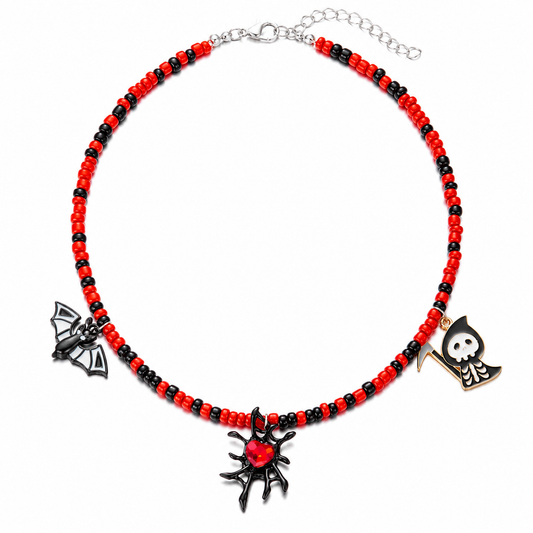 Halloween Charm Seed Bead Choker, Spooky Enamel Cluster Necklace, Ghost Cat Pumpkin Spider, Handmade Glass Beaded Statement Necklace