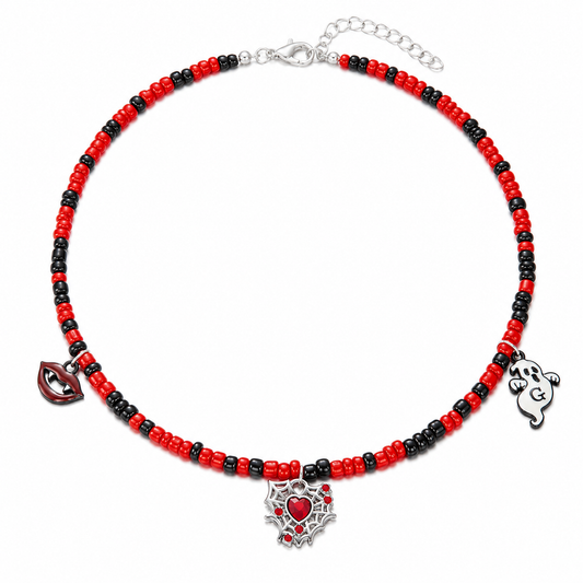 Halloween Charm Seed Bead Choker, Spooky Enamel Cluster Necklace, Ghost Cat Pumpkin Spider, Handmade Glass Beaded Statement Necklace
