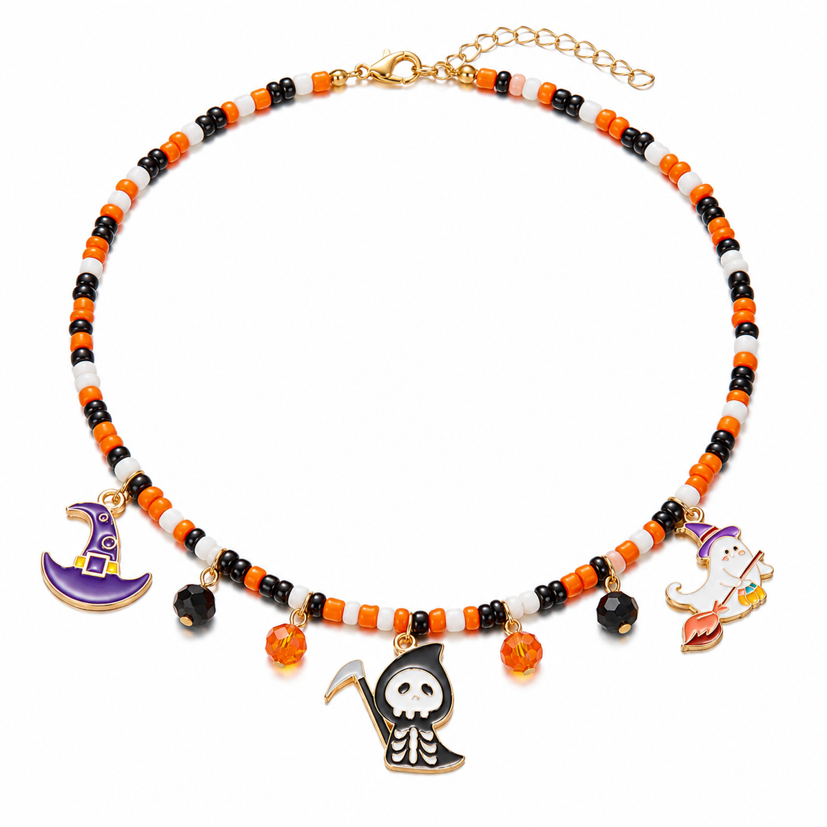 Halloween Charm Seed Bead Choker, Spooky Enamel Cluster Necklace, Ghost Cat Pumpkin Spider, Handmade Glass Beaded Statement Necklace