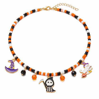 Halloween Charm Seed Bead Choker, Spooky Enamel Cluster Necklace, Ghost Cat Pumpkin Spider, Handmade Glass Beaded Statement Necklace