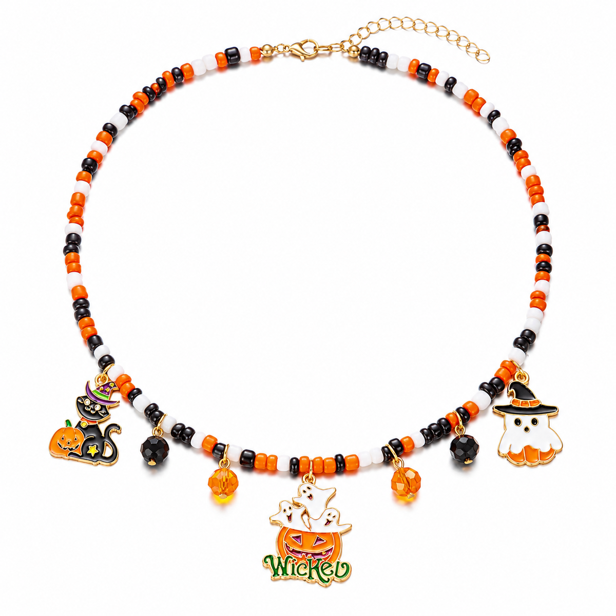 Halloween Charm Seed Bead Choker, Spooky Enamel Cluster Necklace, Ghost Cat Pumpkin Spider, Handmade Glass Beaded Statement Necklace