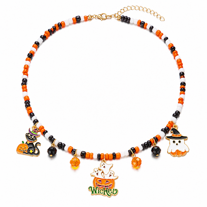 Halloween Charm Seed Bead Choker, Spooky Enamel Cluster Necklace, Ghost Cat Pumpkin Spider, Handmade Glass Beaded Statement Necklace