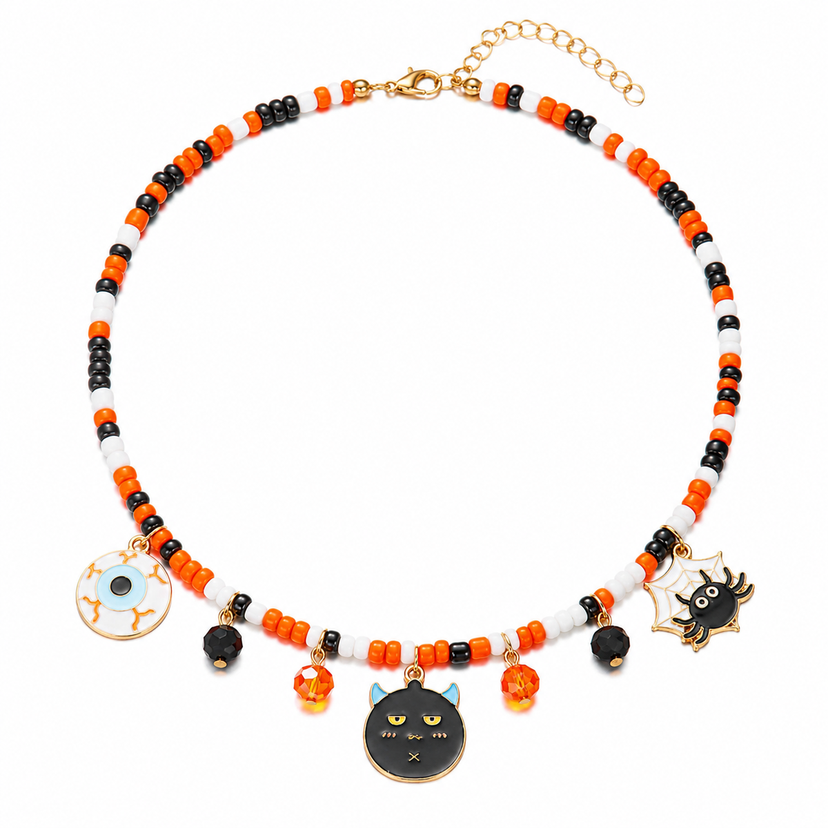 Halloween Charm Seed Bead Choker, Spooky Enamel Cluster Necklace, Ghost Cat Pumpkin Spider, Handmade Glass Beaded Statement Necklace