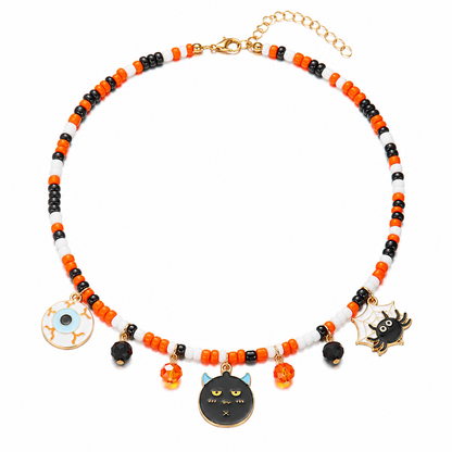 Halloween Charm Seed Bead Choker, Spooky Enamel Cluster Necklace, Ghost Cat Pumpkin Spider, Handmade Glass Beaded Statement Necklace