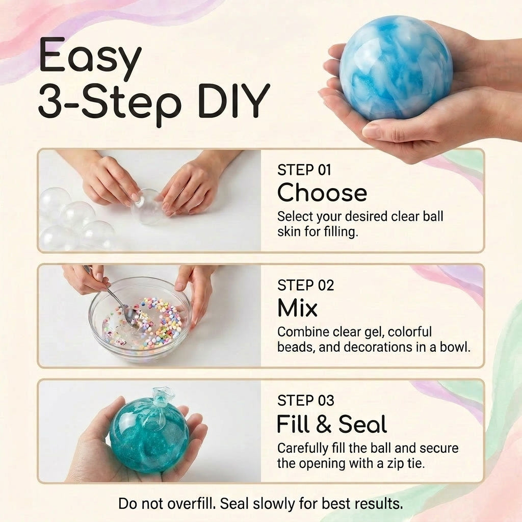 Easy 3 step DIY stress ball instructions showing how to choose a ball skin, mix gel with decorations, then fill and seal with a zip tie