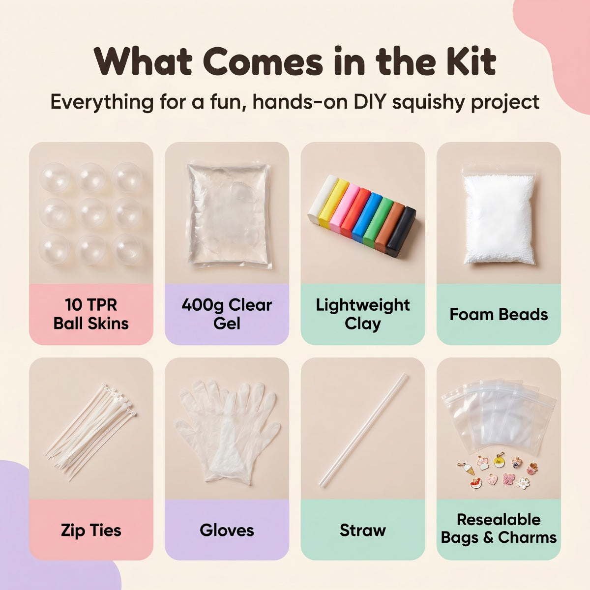 DIY stress ball kit contents with 10 TPR ball skins, 400g clear gel, lightweight clay, foam beads, zip ties, gloves, straw, bags, and charms
