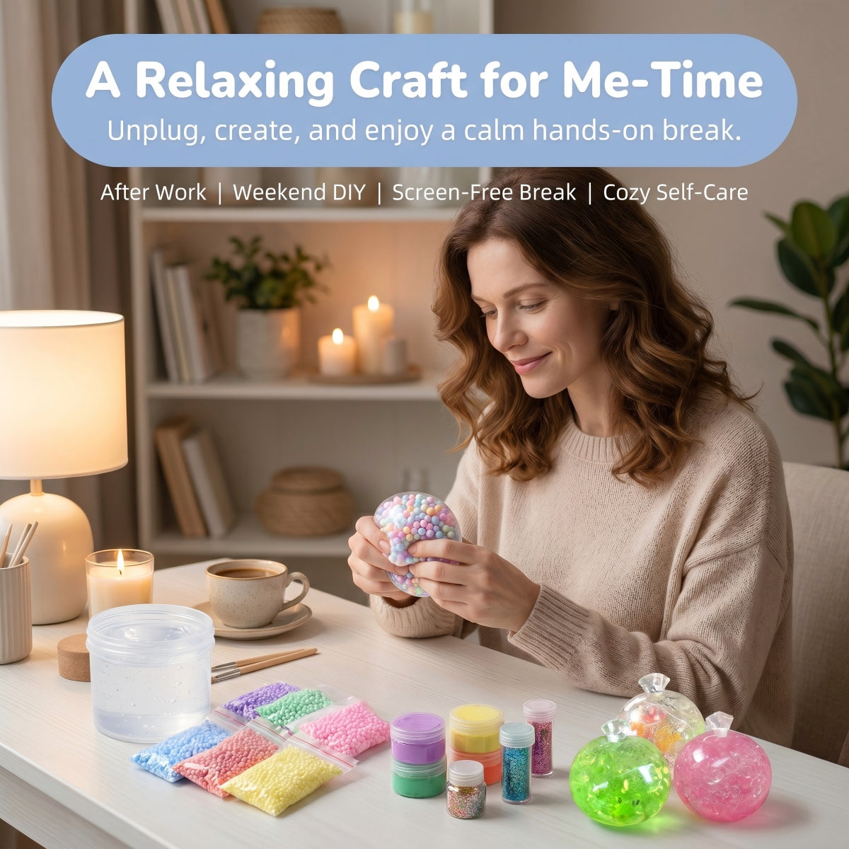 Woman enjoying a relaxing me time craft with a DIY stress ball kit for after work, weekend DIY, screen free breaks, and cozy self care