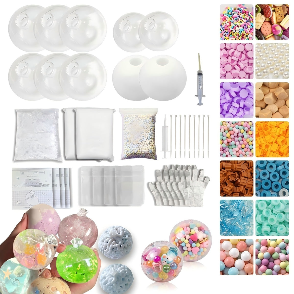 DIY stress ball making kit with TPR ball skins, clear gel, clay, foam beads, charms, tools, and finished squishy stress balls