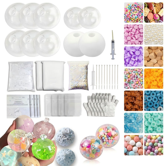 DIY stress ball making kit with TPR ball skins, clear gel, clay, foam beads, charms, tools, and finished squishy stress balls