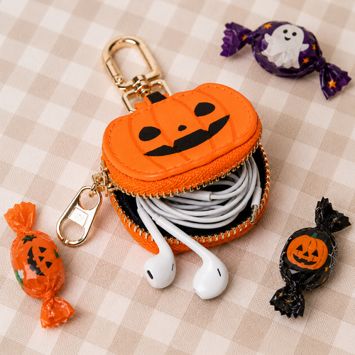Halloween Mini Coin Purse Keychain — PU Leather Zip Pouch for Earbuds, AirTag & Lip Balm | Pumpkin & Spider