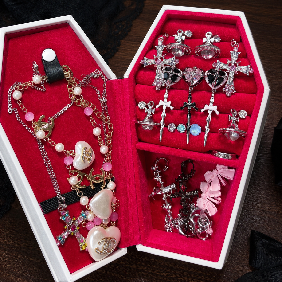 Coffin Jewelry Box — Gothic Foil 'Loved by Death' PU Leather Trinket Case with Red Velvet Lining | Halloween Gift