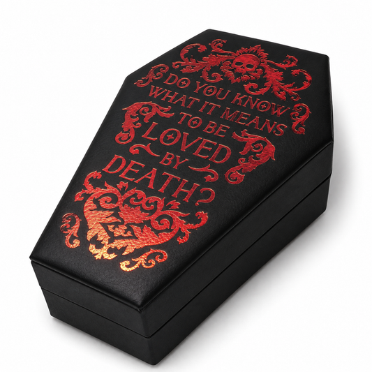 Coffin Jewelry Box — Gothic Foil 'Loved by Death' PU Leather Trinket Case with Red Velvet Lining | Halloween Gift