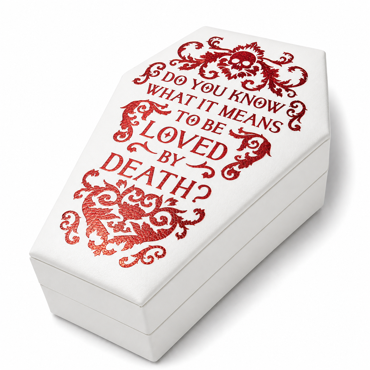 Coffin Jewelry Box — Gothic Foil 'Loved by Death' PU Leather Trinket Case with Red Velvet Lining | Halloween Gift