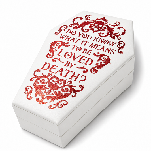 Coffin Jewelry Box — Gothic Foil 'Loved by Death' PU Leather Trinket Case with Red Velvet Lining | Halloween Gift
