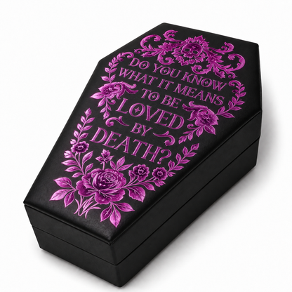 Coffin Jewelry Box — Gothic Foil 'Loved by Death' PU Leather Trinket Case with Red Velvet Lining | Halloween Gift