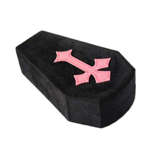 Coffin Jewelry Box — Velvet Gothic Cross Trinket Case with Red Satin-Velvet Lining | Ring & Earring Organizer Gift