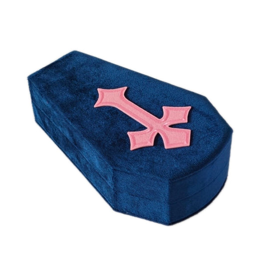 Coffin Jewelry Box — Velvet Gothic Cross Trinket Case with Red Satin-Velvet Lining | Ring & Earring Organizer Gift