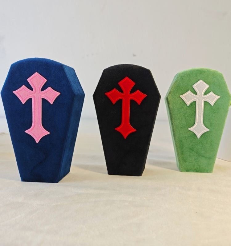 Coffin Jewelry Box — Velvet Gothic Cross Trinket Case with Red Satin-Velvet Lining | Ring & Earring Organizer Gift