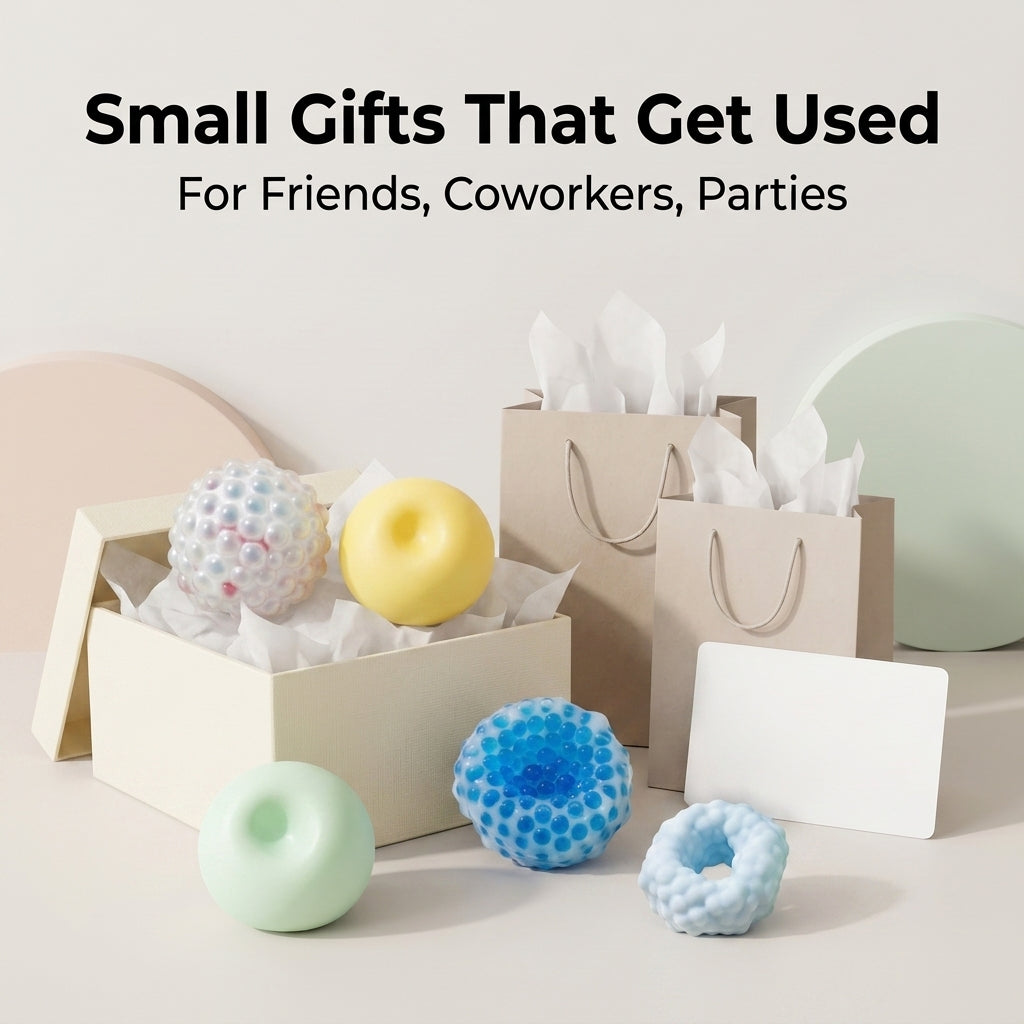 Colorful squishy stress balls arranged with gift bags and a box as small fidget gifts for friends, coworkers, and parties