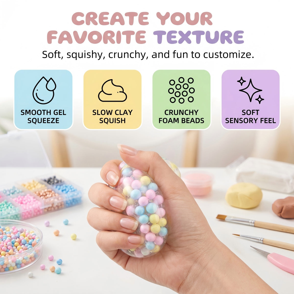 Hand squeezing a handmade stress ball with gel, clay, foam beads, and soft sensory fillers for smooth, crunchy, and squishy textures