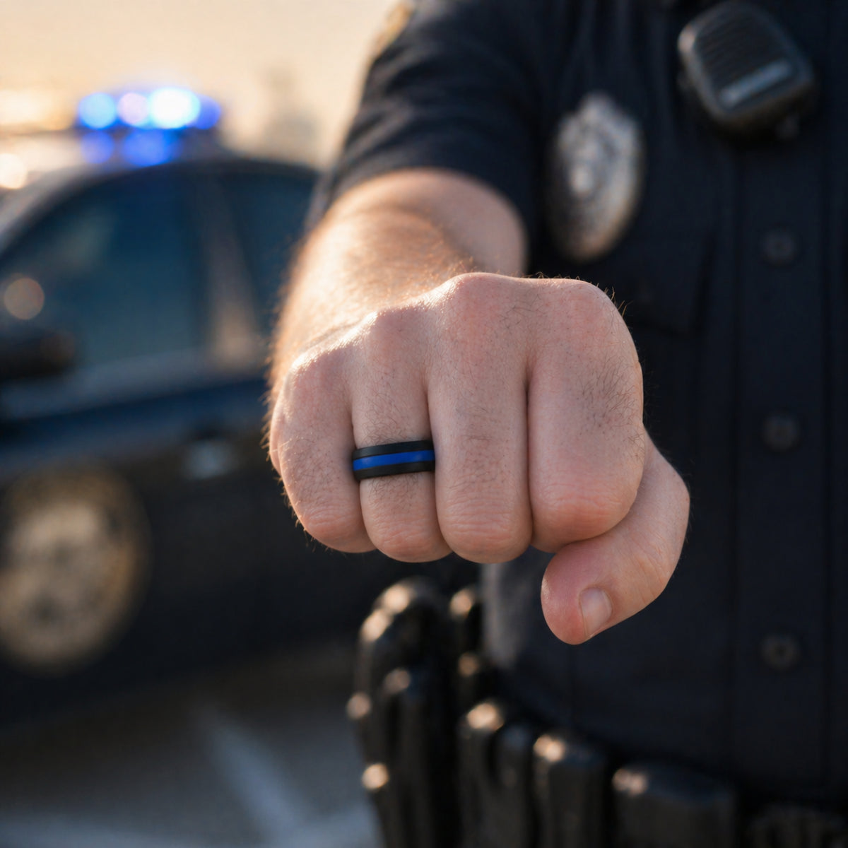 black and honor blue police tribute silicone ring for men worn on duty