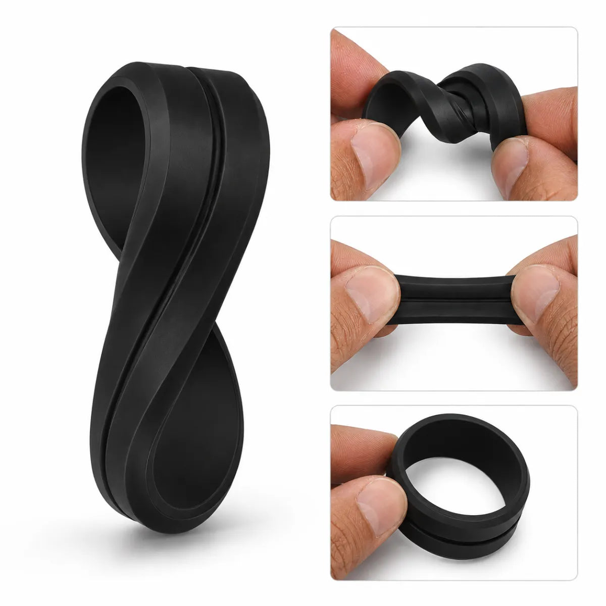 black silicone ring showing flexibility and softness twisted and stretched by tan male hands smooth inner band on white background 