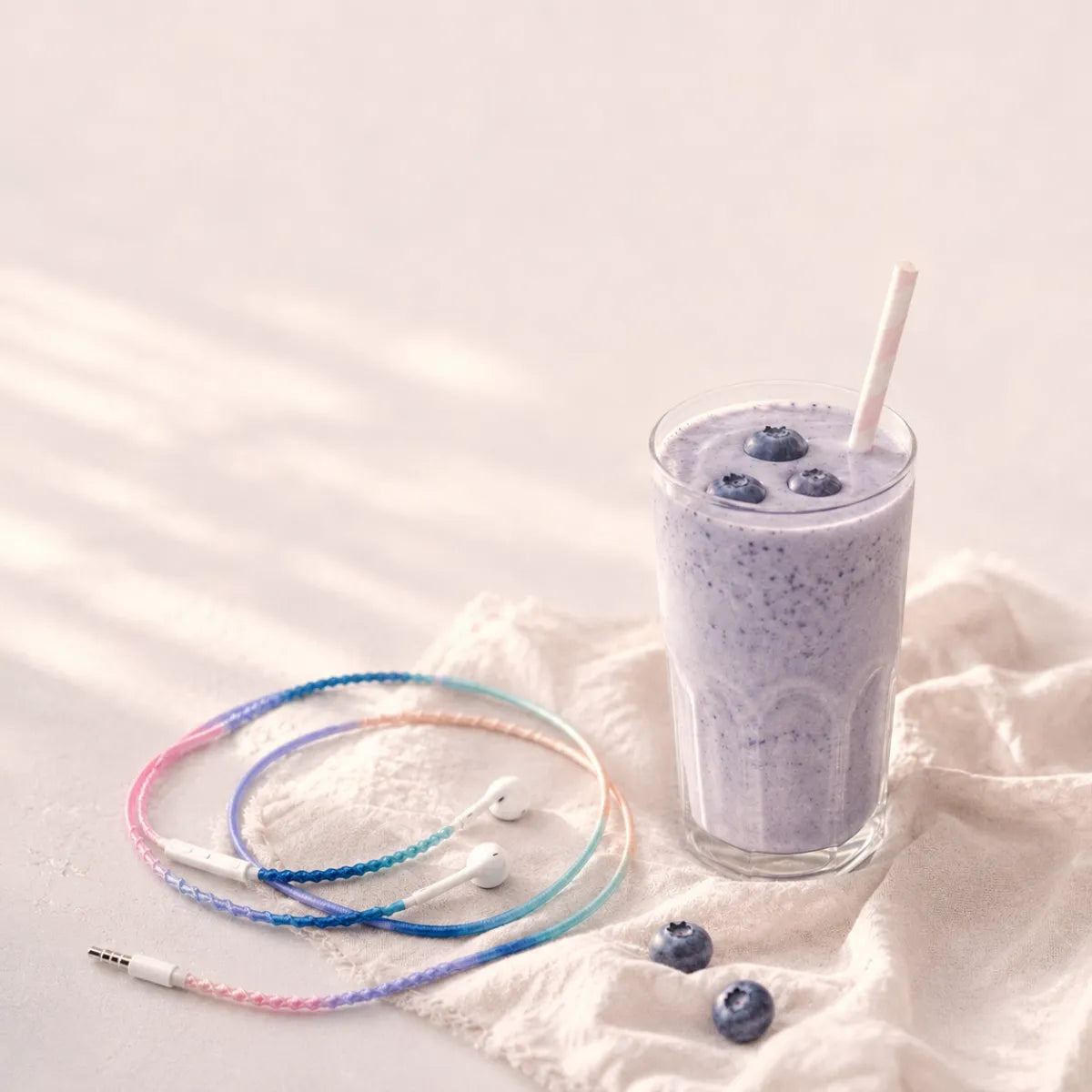  Soft pink and blue milky gradient wrapped earphones coiled beside a glass of blueberry milkshake with fresh blueberries and pale linen napkin in a dreamy blueberry milk aesthetic ad 