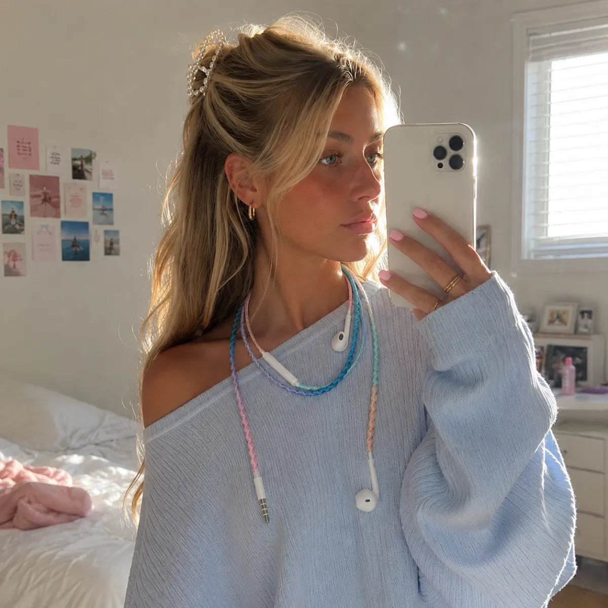  Bedroom mirror selfie of soft girl in milky blue oversized knit sweater with blueberry blush milky gradient wrapped earphones worn as a dreamy pastel necklace 