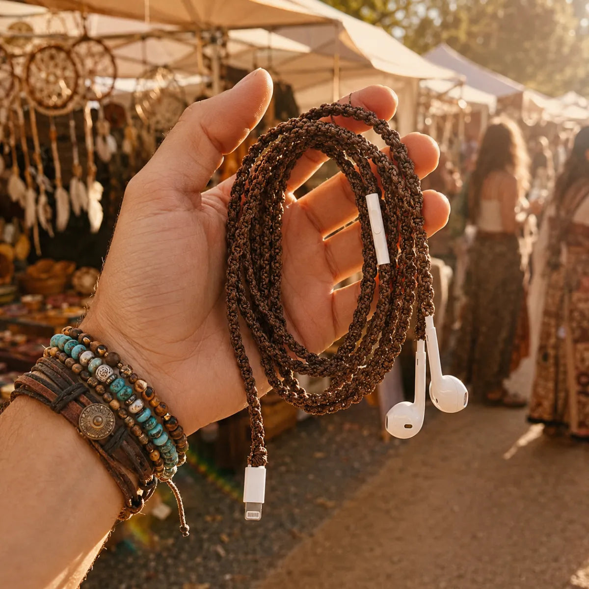  Hand holding natural brown macrame open-knot wrapped earphones at a sunlit outdoor market with blurred boho stalls and people in earth-tone outfits in the background 