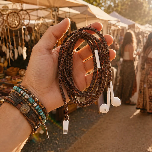  Hand holding natural brown macrame open-knot wrapped earphones at a sunlit outdoor market with blurred boho stalls and people in earth-tone outfits in the background 