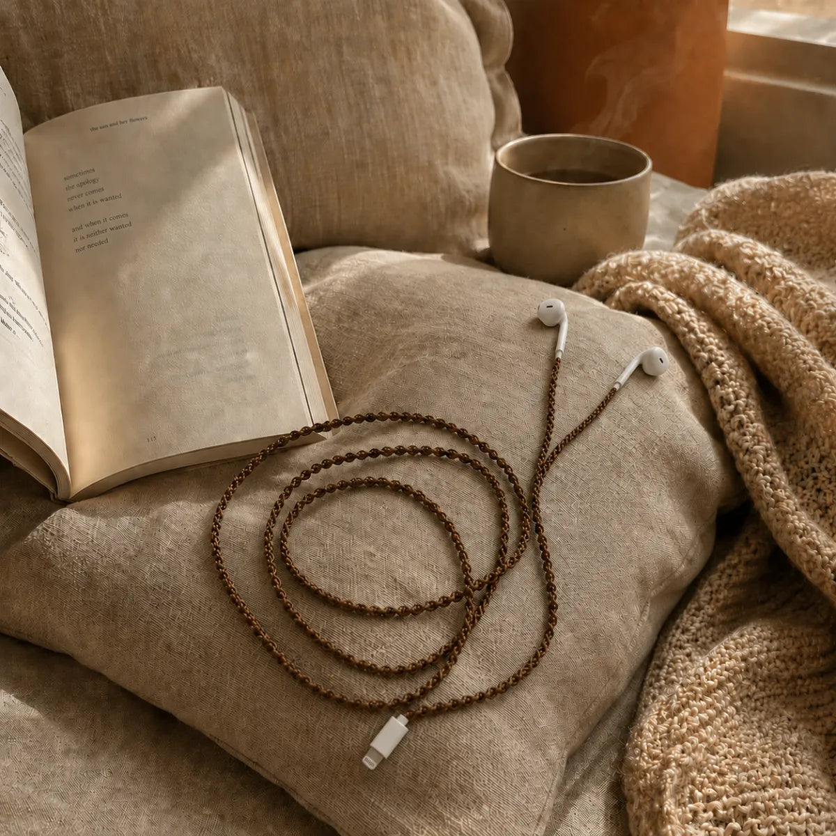  Natural brown macrame open-knot wrapped earphones resting on a natural linen sofa cushion beside an open poetry book and a ceramic tea cup in warm afternoon cottagecore light 