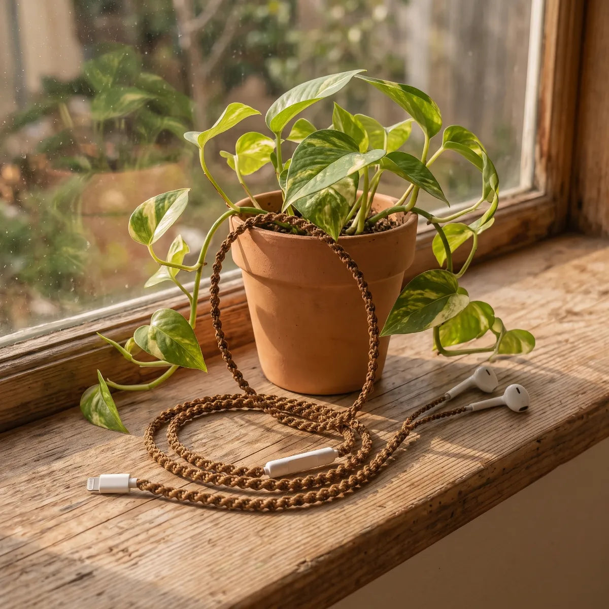  Natural brown macrame open-knot wrapped earphones draped beside a small terracotta pot of trailing pothos plant on a sunlit windowsill cottagecore aesthetic 