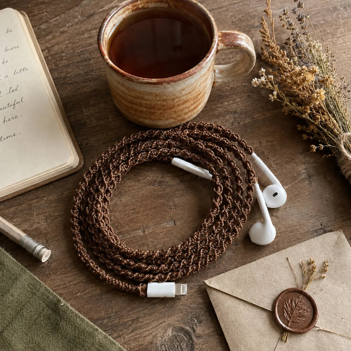  Top-down boho flat lay of natural brown macrame open-knot wrapped earphones coiled around a handmade ceramic mug on rustic wood desk with rattan placemat and dried wildflowers 