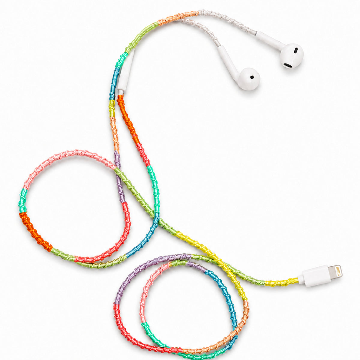 Bold rainbow earphone wrap Y2K colorful — handmade headphone accessory