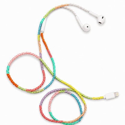Bold rainbow earphone wrap Y2K colorful — handmade headphone accessory