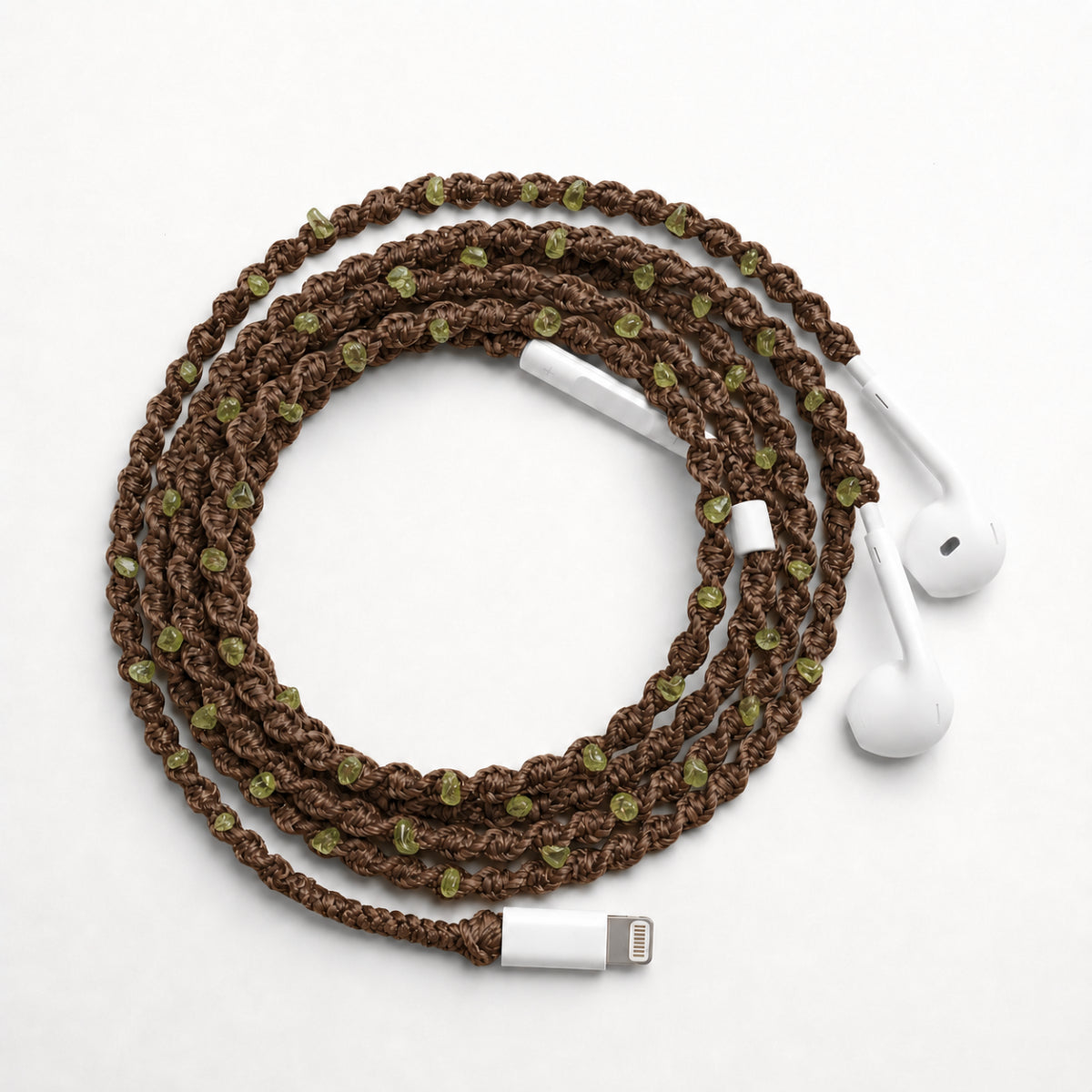 Bronze bead macrame earphone wrap — boho gold detail handmade headphone accessory