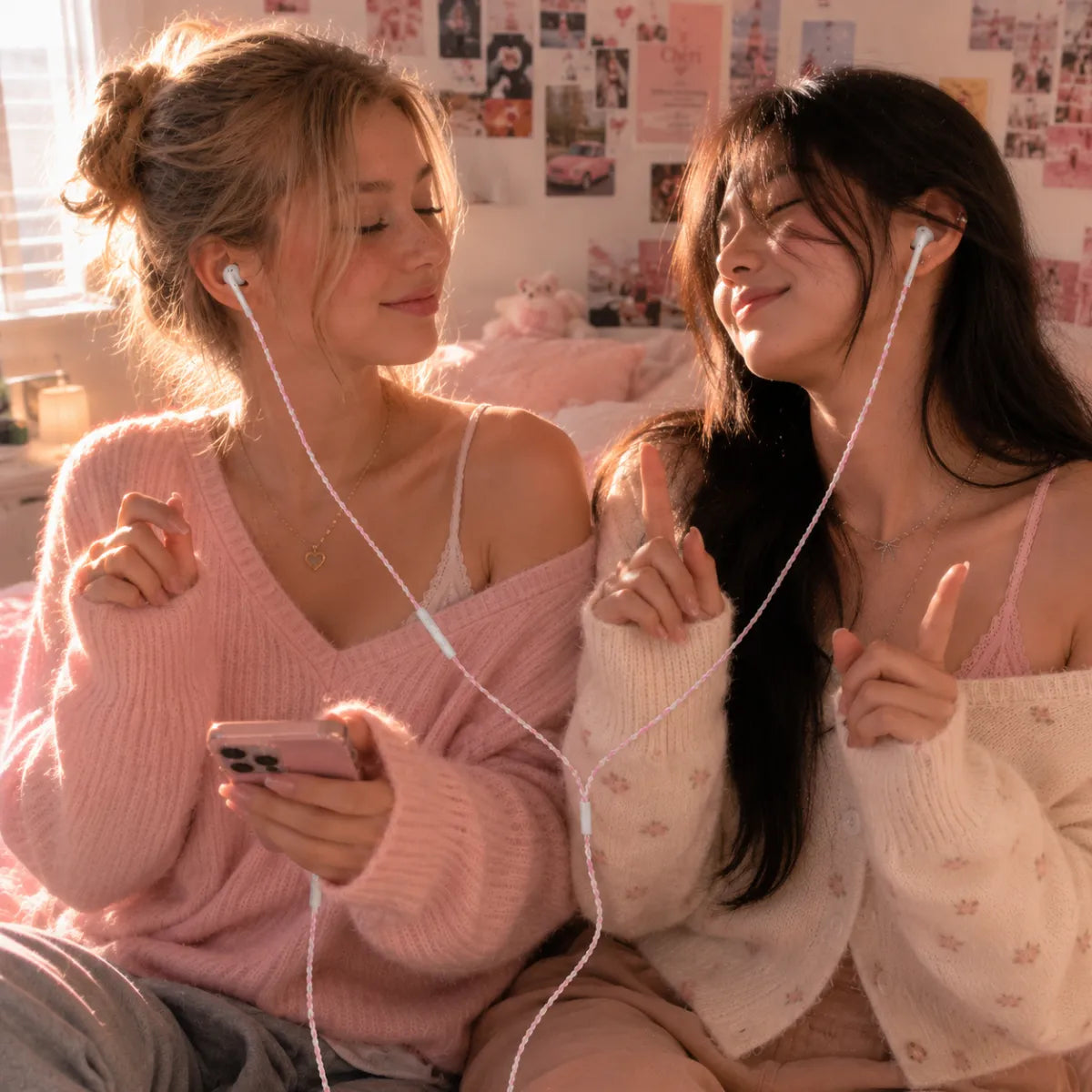  Two young women each wearing one identical soft pink segmented wrapped earphone connected through a shared smartphone in a coquette best friends GRWM aesthetic 