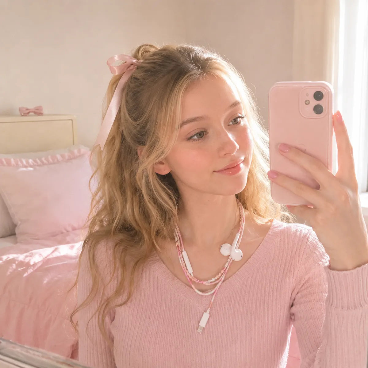  Young woman in soft pink ribbed knit sweater with a hair bow taking a bedroom mirror selfie with pink segmented wrapped earphones draped as a coquette necklace 
