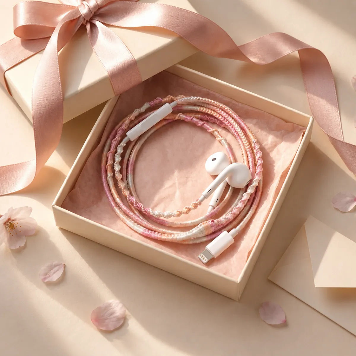  Soft pink segmented wrapped earphones coiled inside an open cream gift box with a pink silk ribbon and tissue paper for a romantic gifting aesthetic Valentine's birthday gift ad 