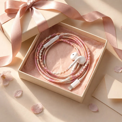  Soft pink segmented wrapped earphones coiled inside an open cream gift box with a pink silk ribbon and tissue paper for a romantic gifting aesthetic Valentine's birthday gift ad 