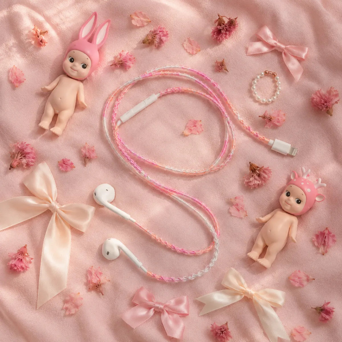  Pink bedding flat lay with soft pink segmented wrapped earphones scattered alongside two Sonny Angel toys, several satin bows, and a sprinkling of dried cherry blossom petals 