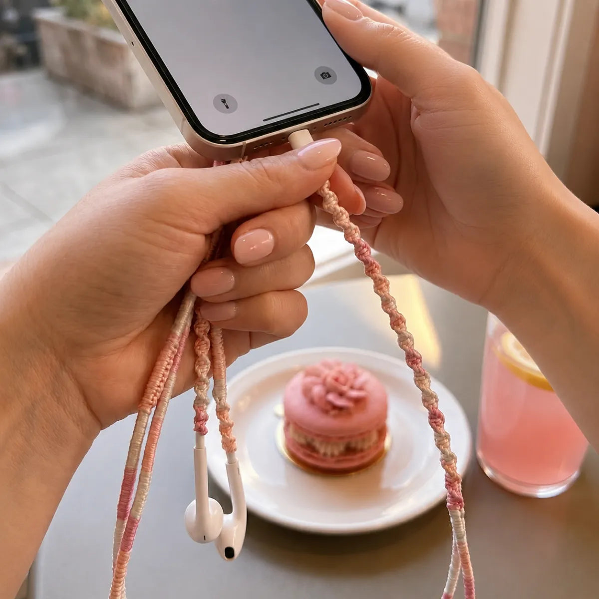  First person POV of a manicured hand plugging soft pink segmented wrapped earphones into a smartphone at a sunlit cafe table with pink pastry plate in soft focus 