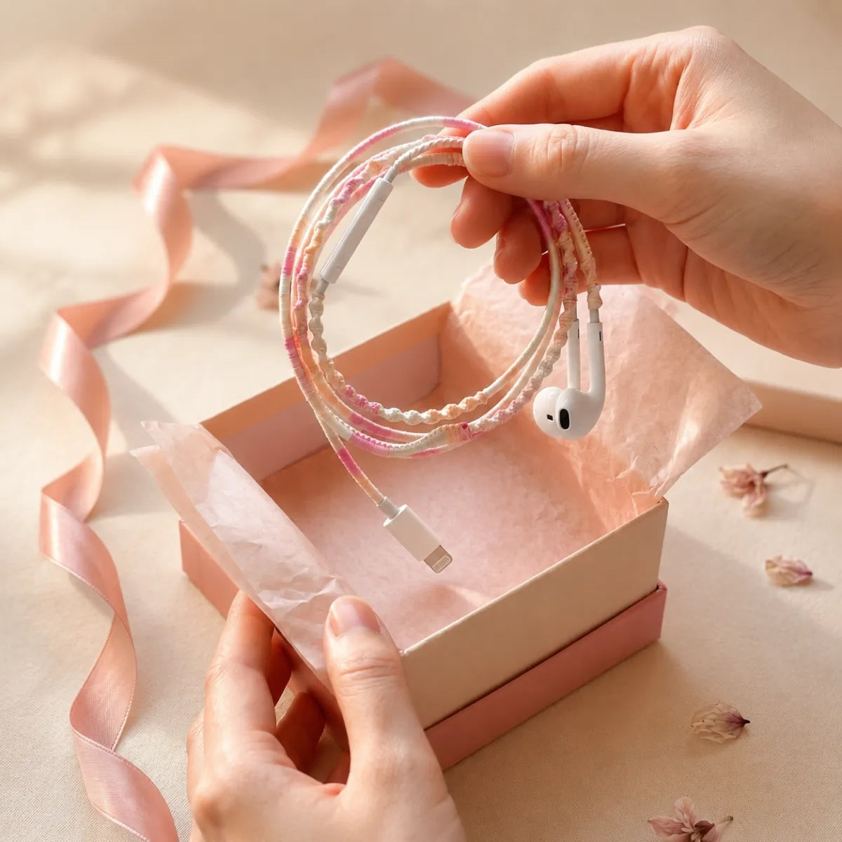  Hands lifting soft pink segmented wrapped earphones out of a small pink gift box with blush tissue paper and a satin ribbon for unboxing reveal coquette aesthetic 