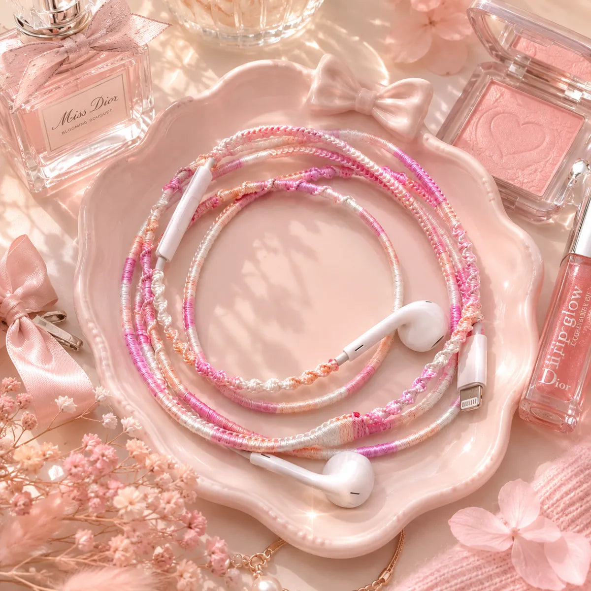  Top-down vanity flat lay with pink segmented wrapped earphones coiled beside a glass perfume bottle, blush compact, satin bow hair clip, and a small bouquet of dried baby pink blossoms 