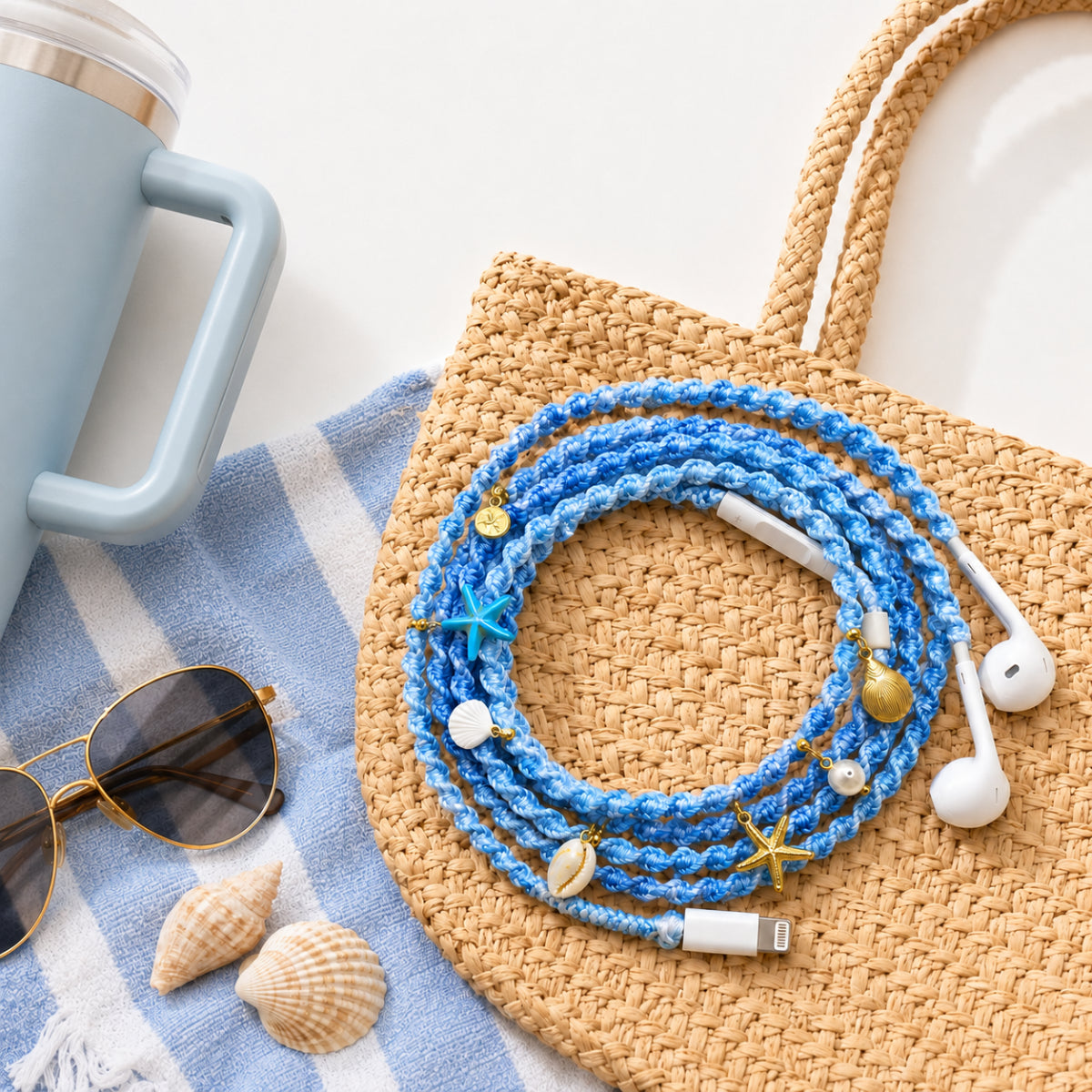  Blue and white braided shell charm earphones coiled on a straw beach tote with striped towel, sunscreen and gold sunglasses 