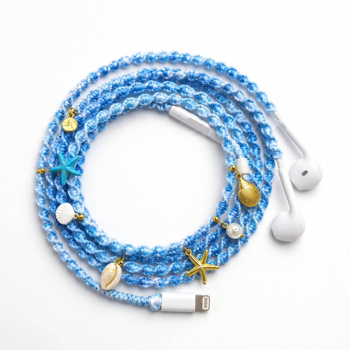 Coastal shell initial earphone wrap personalized — ocean starfish charm handmade