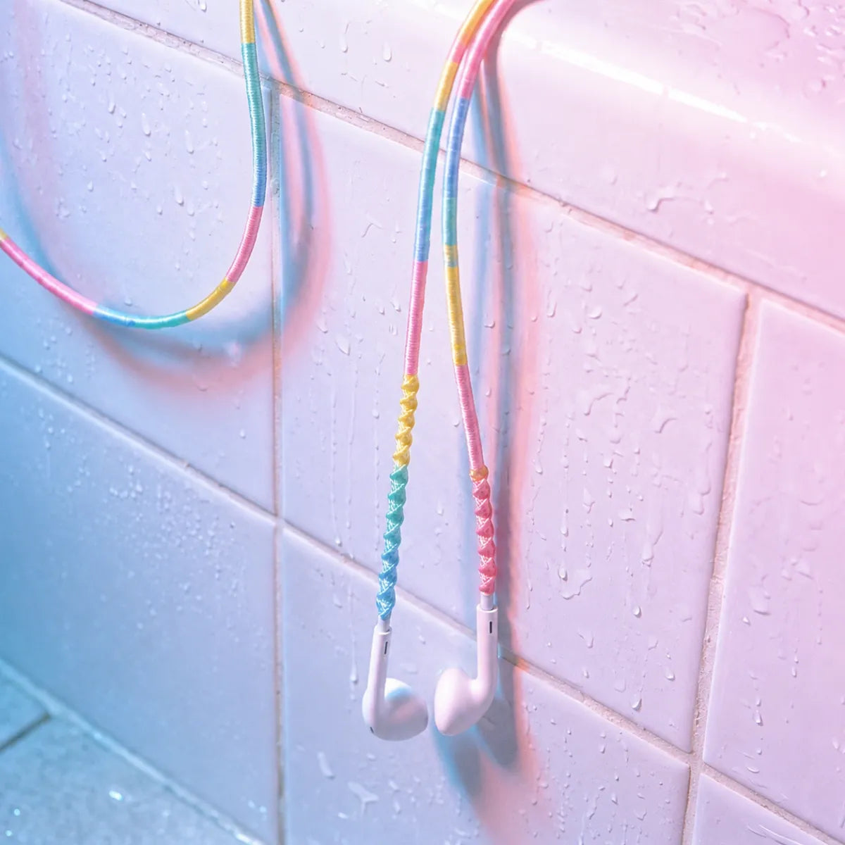  Cotton candy four-color block wrapped earphones draped over a white tile bathtub edge with a smartphone playing music in cool blue Y2K wet-look bathroom aesthetic 