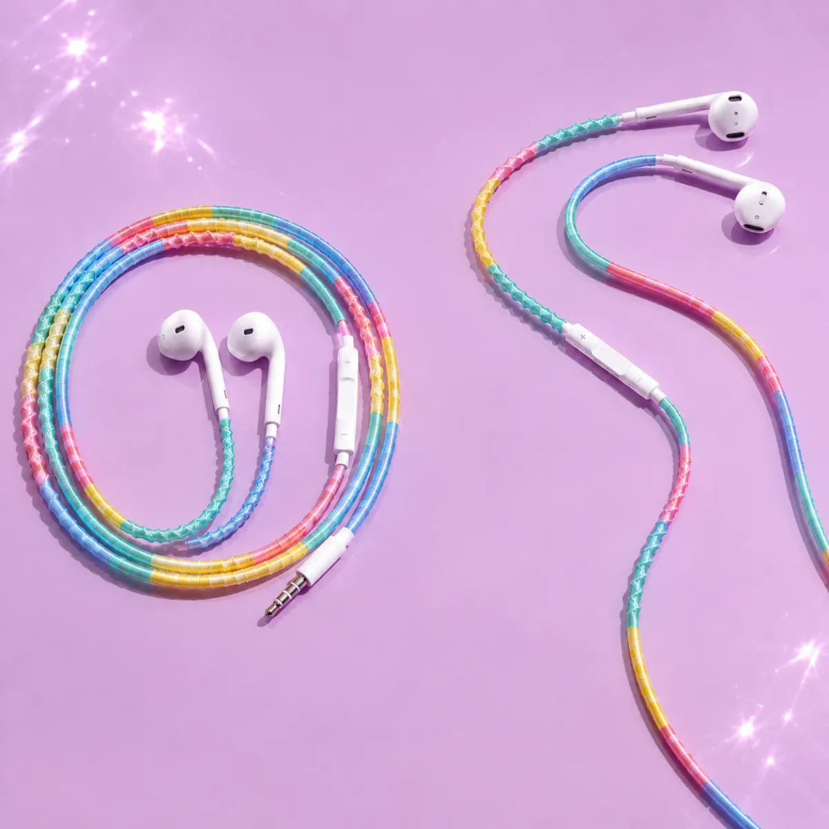  Two pairs of pastel four-color block wrapped earphones laid side by side on bright pastel surface for matching bestie set Y2K aesthetic ad 