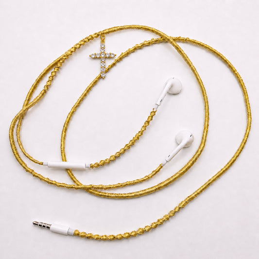 Crystal cross gold earphone charm — faith inspired handmade braided wrap